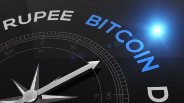 Kompas s textem Bitcoin koncept video pro kryptoměn modré lesklé pozadí - Záběry, video