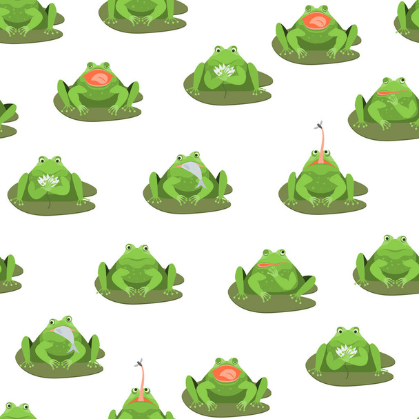 Cartoon Cute Green Frogs Characters Seamless Pattern Background. Vector - Διάνυσμα, εικόνα
