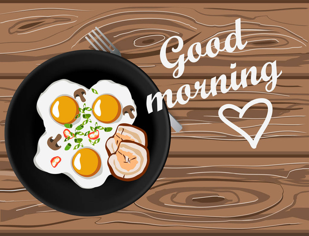 Huevos fritos y tocino en la mesa de madera con letras de buenos días. Hecho en casa desayuno con amor
 - Vector, imagen