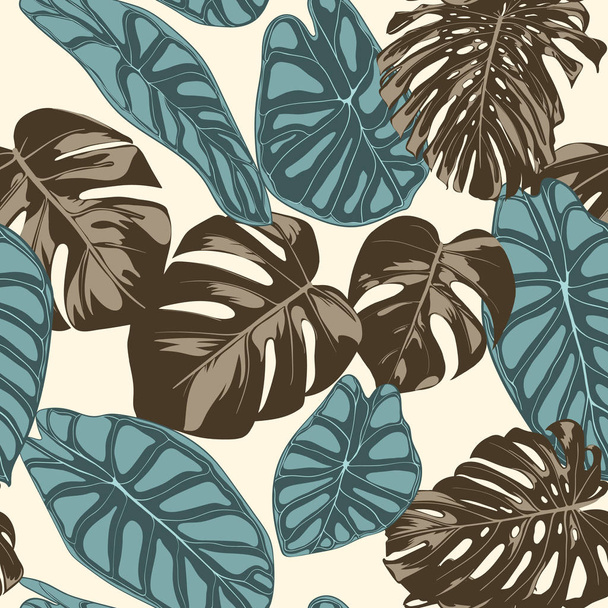 Tropical Leaves. Seamless Pattern with Hand Drawn Leaves of Monstera and Alocasia. Exotic Rapport for Textile, Fabric. Vector Seamless Background with Tropic Plants. Jungle Foliage. Watercolor Effect. - Vector, Image
