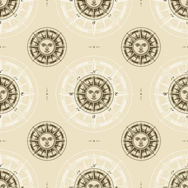Seamless vintage sun compass rose pattern. Vector illustration in retro woodcut style with clipping mask. - Vector, Image