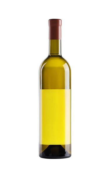 Du vin blanc. Bouteille de verre jaune avec une étiquette jaune vierge sur fond blanc
. - Photo, image