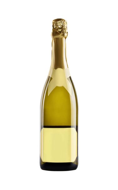 Champagne. Bottle of yellow glass with a blank yellow label on a white background. - Foto, immagini