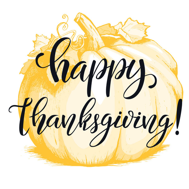 Hand drawn Happy Thanksgiving typography poster. Black and white - Vector, imagen