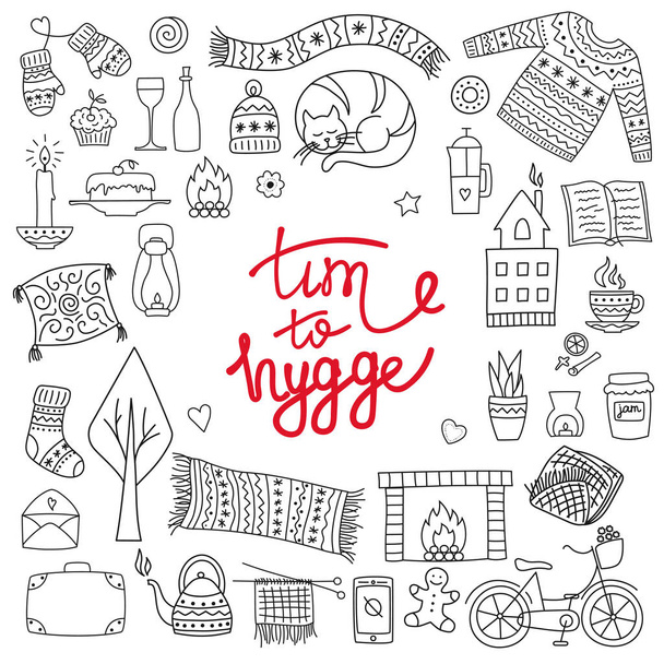 Time to Hygge. Hand drawn doodle icons set. Vector illustration for greeting card with lettering and cozy home things like candles, socks, oversize rug, tea, fireplace. Danish living concept.  - ベクター画像
