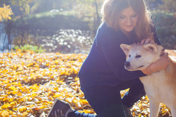 Young woman on a walk with her dog breed Akita inu - Fotoğraf, Görsel