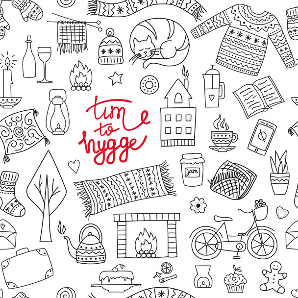 Hand drawn seamless pattern with hygge elements. Time to Hygge. Vector illustration - Vektor, Bild