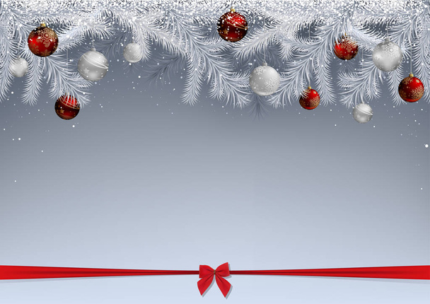 Ramas de abeto blanco cubiertas de nieve y decoradas con adornos - Ilustración de fondo de Navidad, Vector
 - Vector, imagen