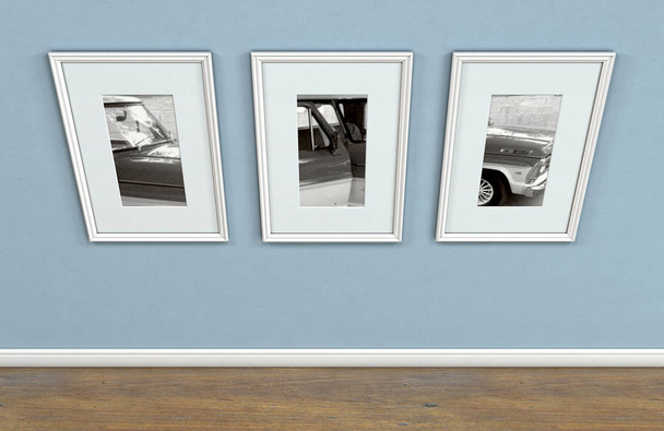 Послідовність трьох обрамлених висячих фотографій на плоскій синій стіні в будинку з блискучими дерев'яними підлогами 3D рендеринг
 - Фото, зображення