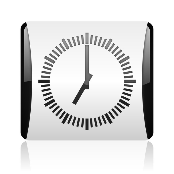 clock black and white square web glossy icon - Fotoğraf, Görsel