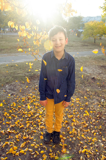 Ευτυχισμένο αγόρι να διασκεδάσουν στο πάρκο φθινόπωρο, ρίχνουν επάνω σε φύλλα, smie και γέλιο - Φωτογραφία, εικόνα
