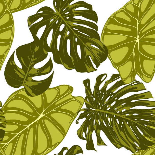 Tropical Leaves. Seamless Pattern with Hand Drawn Leaves of Monstera and Alocasia. Exotic Rapport for Textile, Fabric. Vector Seamless Background with Tropic Plants. Jungle Foliage. Watercolor Effect. - Vector, Image