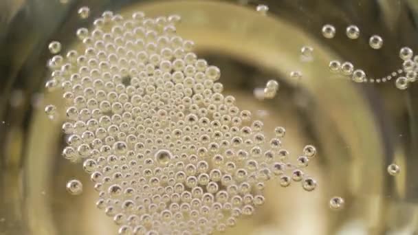 Vele kleine champagne bubbels in een glas champagne - Video