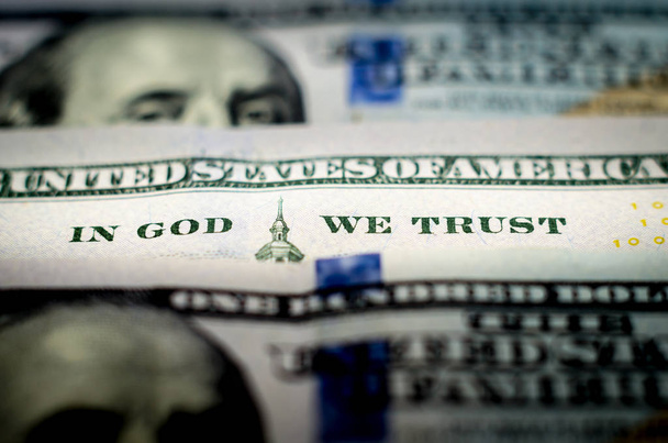 bill hundred US dollars closeup macro phrase in god we trust - Zdjęcie, obraz