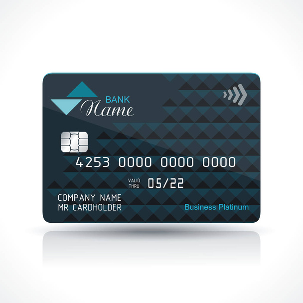 Tmavě modrý design kreditní karty na bílém pozadí se stínem. Detailní abstraktní lesklou kreditní karty koncept pro podnikání, historii plateb, nákupní centra, web, tisk. - Vektor, obrázek