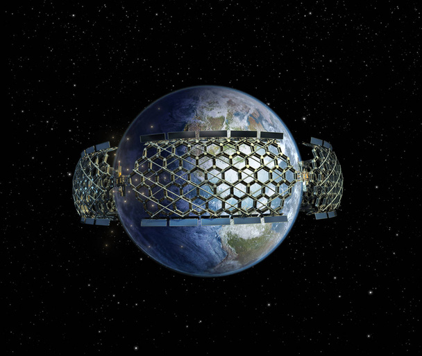 サイエンス フィクション ゲームまたは星間・ カルダシェフ規模でタイプ 1 文明に達する人類のシンボルとして地球を取り巻くハニカム ジオデシック構造の 3 d イラストレーション旅行します。. - 写真・画像