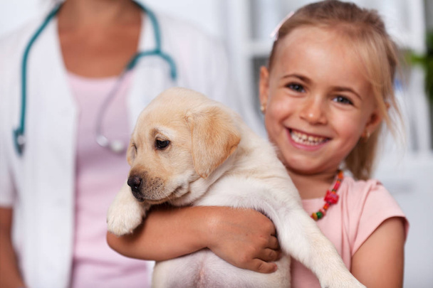 Happy little girl holding her cute puppy dog at the veterinary doctor office - closeup, focus on the dog - Fotó, kép