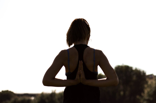 Mujer atlética joven practicando posturas de hatha yoga usando polainas y coleta
 - Foto, Imagen