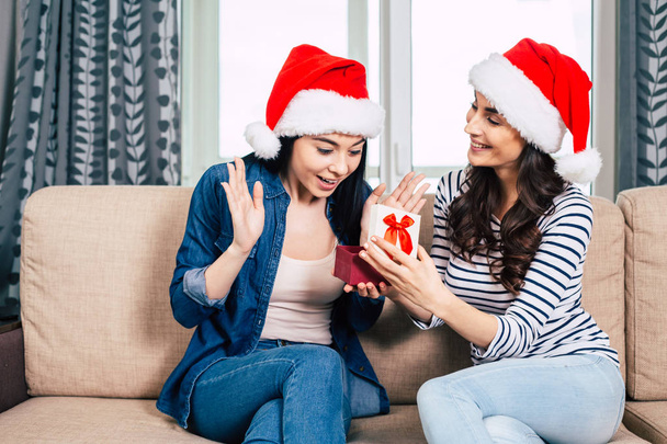 Two girlfriends in santa hats celebrating new year in living room  - Φωτογραφία, εικόνα