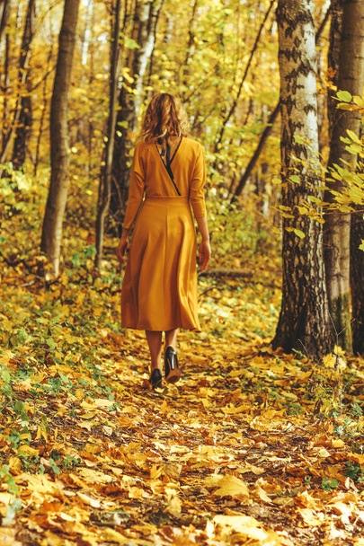 Young beautiful girl in a yellow long dress walks in autumn park with fallen leaves. - Фото, зображення