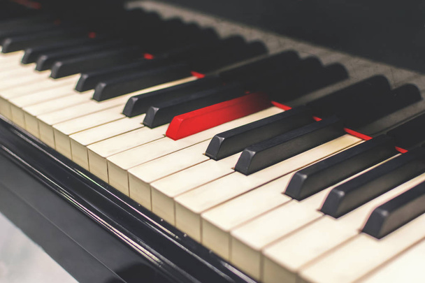 piano, negro, blanco y rojo. Reflexión del teclado sobre madera negra
 - Foto, imagen