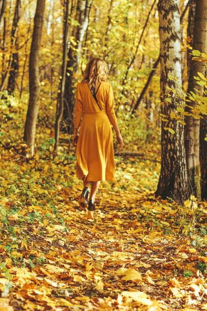 Young beautiful girl in a yellow long dress walks in autumn park with fallen leaves. - Foto, afbeelding
