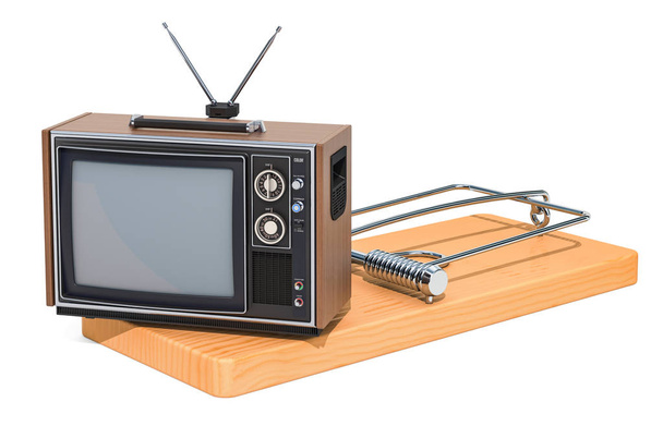 Fernseher in Mausefalle. TV-Abhängigkeitskonzept, 3D-Darstellung isoliert auf weißem Hintergrund - Foto, Bild