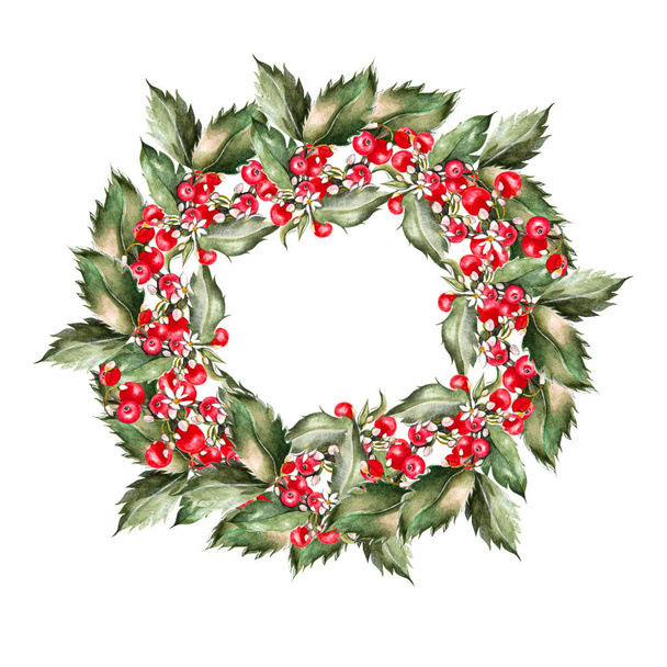 Watercolor Christmas wreath with leaves and berryes. Illustration for greeting cards and invitations. - Фото, изображение