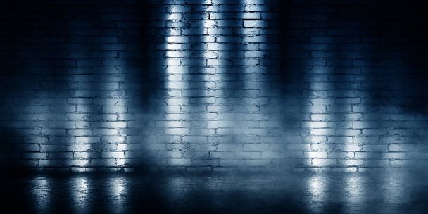 Background of empty brick wall, concrete floor, neon light, searchlight rays, smoke, smog - Photo, Image