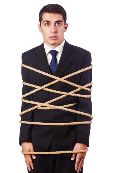 Businessman tied up with rope on white - Fotoğraf, Görsel
