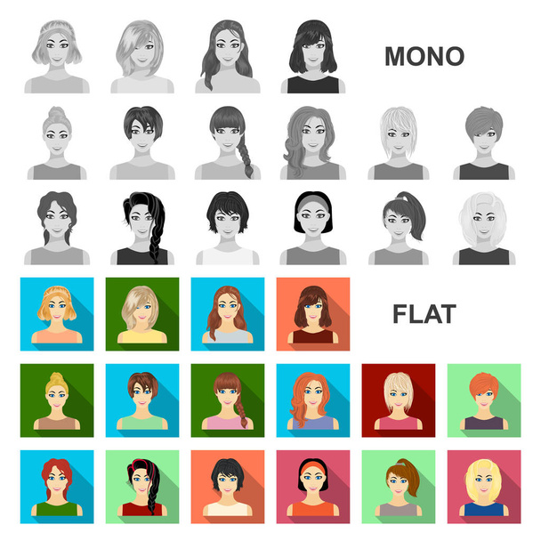 Tipos de peinados femeninos iconos planos en colección de conjuntos para el diseño. Apariencia de una mujer vector símbolo stock web ilustración
. - Vector, imagen
