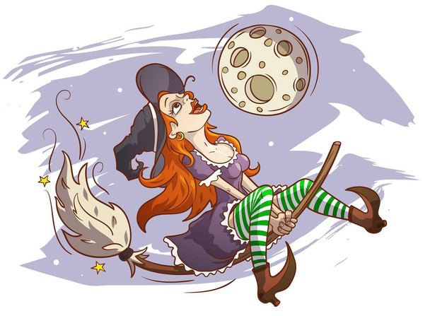 Radosny czarownica, latanie na miotle - Wektor, obraz