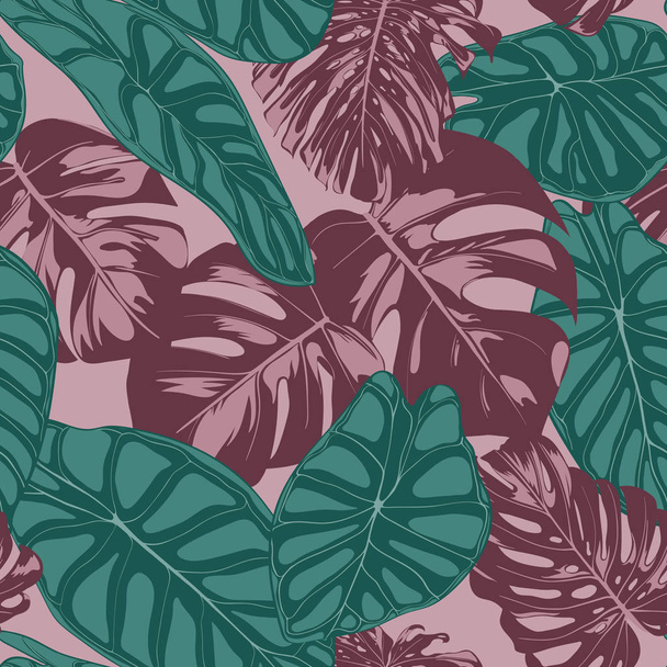 Vector Tropic Seamless Pattern. Philodendron and Alocasia Leaves. Hand Drawn Jungle Foliage in Watercolor Style. Exotic Background. Seamless Tropic Leaf for Textile, Cloth, Fabric, Decoration, Paper. - Vector, Image