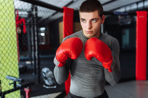 Male boxer engaged in training in the gym, in a cage for a fight without rules - Zdjęcie, obraz