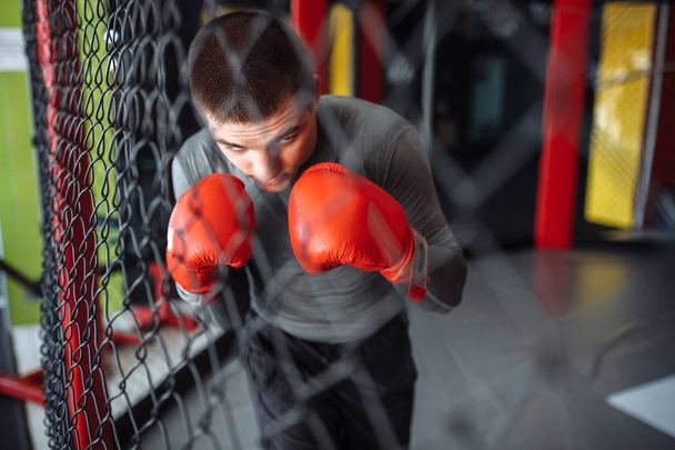 Male boxer engaged in training in the gym, in a cage for a fight without rules - Fotó, kép