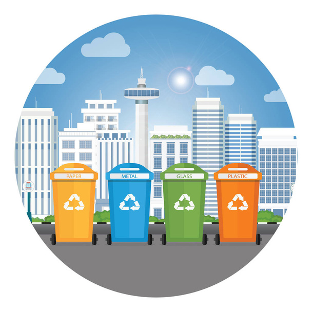 Différentes couleurs recyclent les poubelles sur fond vue ville, Illustration vectorielle
. - Vecteur, image