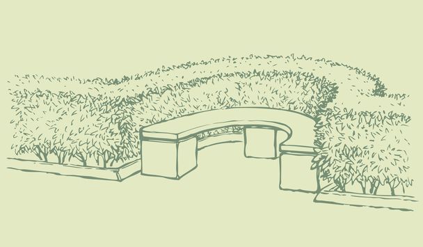 Векторный пейзаж. Скамейка в парке с изгородью из кустарников отделана
 - Вектор,изображение