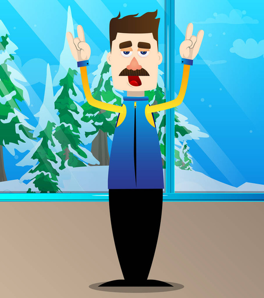 Αστείος άνθρωπος κινουμένων σχεδίων ντυμένος για το χειμώνα με τα χέρια σε στάση rocker. Εικονογράφηση διανύσματος. - Διάνυσμα, εικόνα