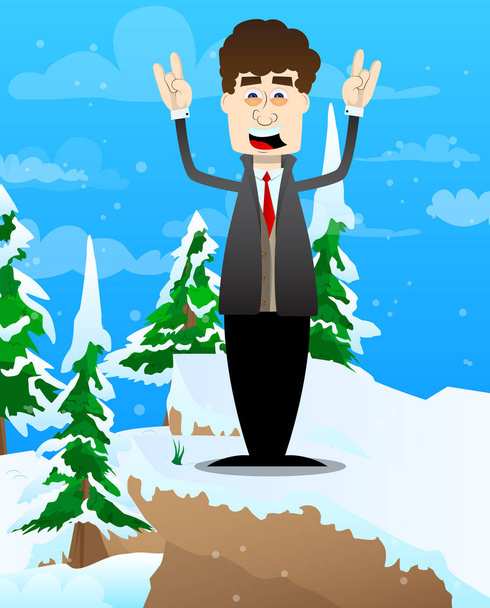 Αστείος άνθρωπος κινουμένων σχεδίων ντυμένος για το χειμώνα με τα χέρια σε στάση rocker. Εικονογράφηση διανύσματος. - Διάνυσμα, εικόνα