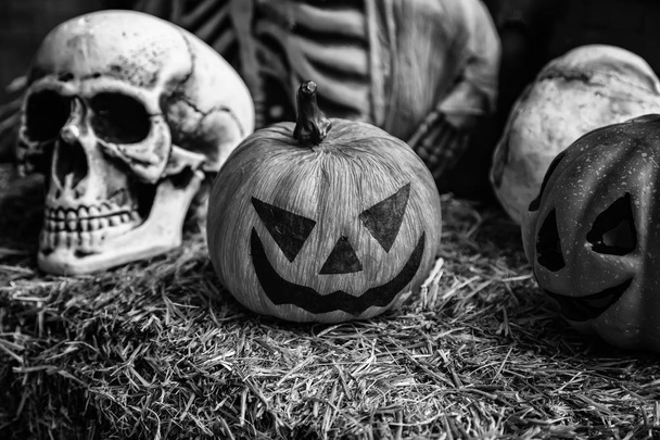 Calabazas de Halloween de miedo, fiesta y detalle de celebración - Foto, Imagen