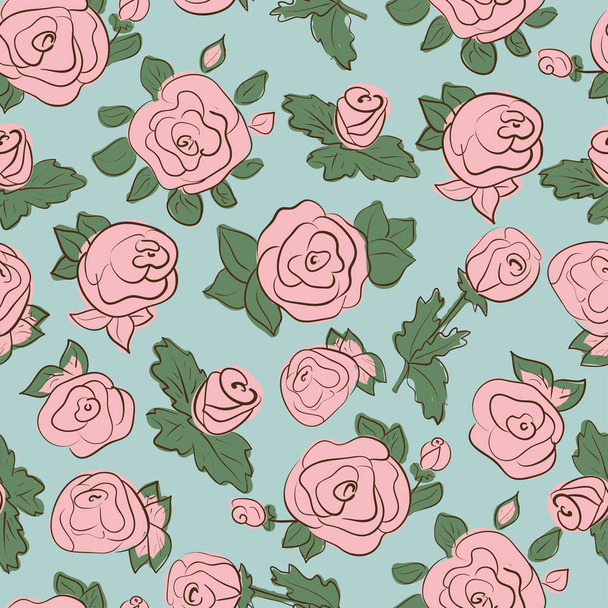 Pink roses on a blue background, sketch. Wallpaper, texture. Seamless - Вектор,изображение