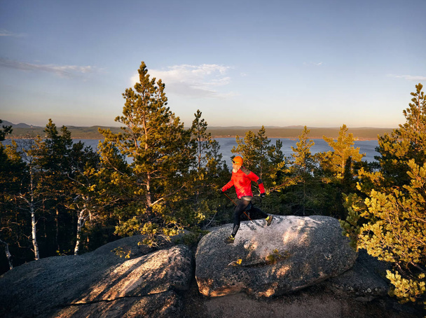 Bearded man in red shirt running in the pine forest at sunset. Trail running concept - Valokuva, kuva