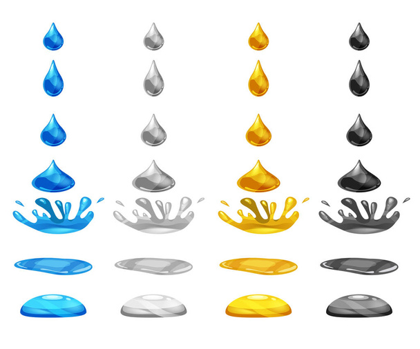 Set drop of liquid, water falls and makes a splash, different colour. Phases, frames, for animation, cartoon style, vector, isolated - Vector, Image