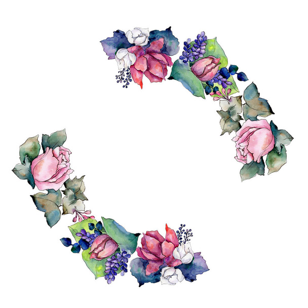 Aquarel kleurrijke boeket van mix bloemen. Floral botanische bloem. Frame grens ornament vierkant. - Foto, afbeelding