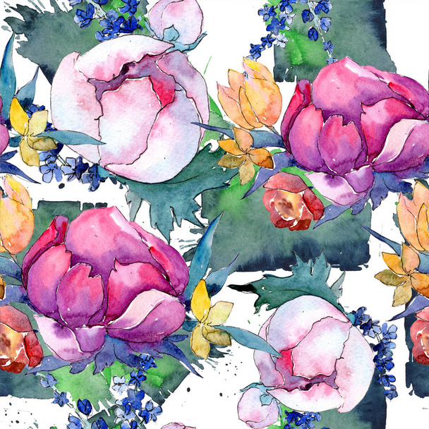 Akvarell színes csokor virágot mix. Virágos botanikai virág. Varratmentes háttérben minta.  - Fotó, kép