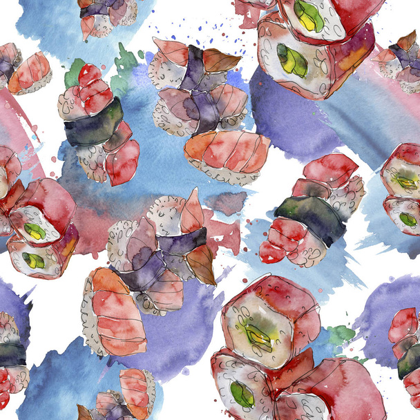 Aquarell-Sushi-Set mit schönen, schmackhaften japanischen Sushi-Illustrationen. nahtloses Hintergrundmuster. - Foto, Bild