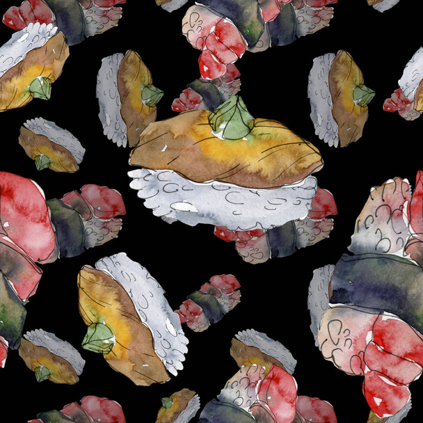 Ακουαρέλα σούσι σύνολο όμορφη γευστική Ιαπωνική Σούσι εικονογράφηση. Απρόσκοπτη υπόβαθρο μοτίβο. - Φωτογραφία, εικόνα