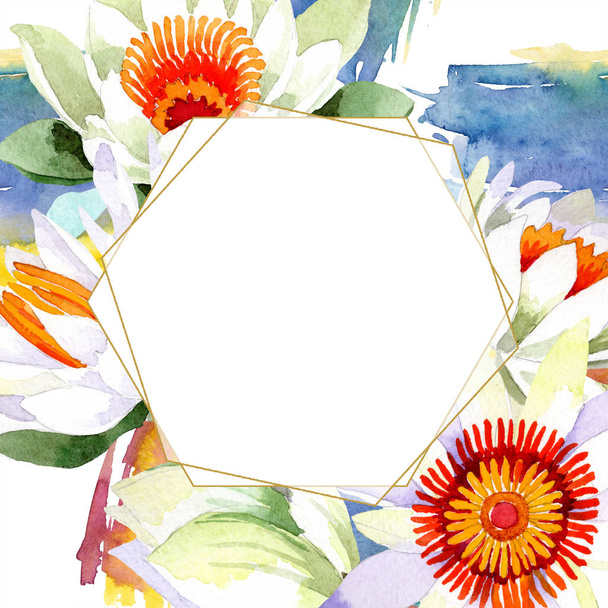 Watercolor white lotus flower. Floral botanical flower. Frame border ornament square. - Foto, immagini