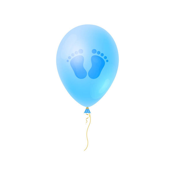 Мультфильм Детские шаги, мужские следы с голубым реалистичным воздушным шаром. Это мальчик Baby Shower карты
 - Вектор,изображение