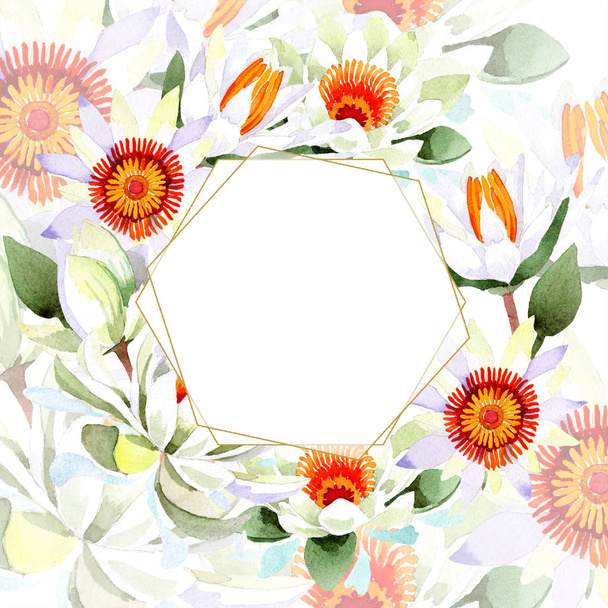 Watercolor white lotus flower. Floral botanical flower. Frame border ornament square. - Fotoğraf, Görsel